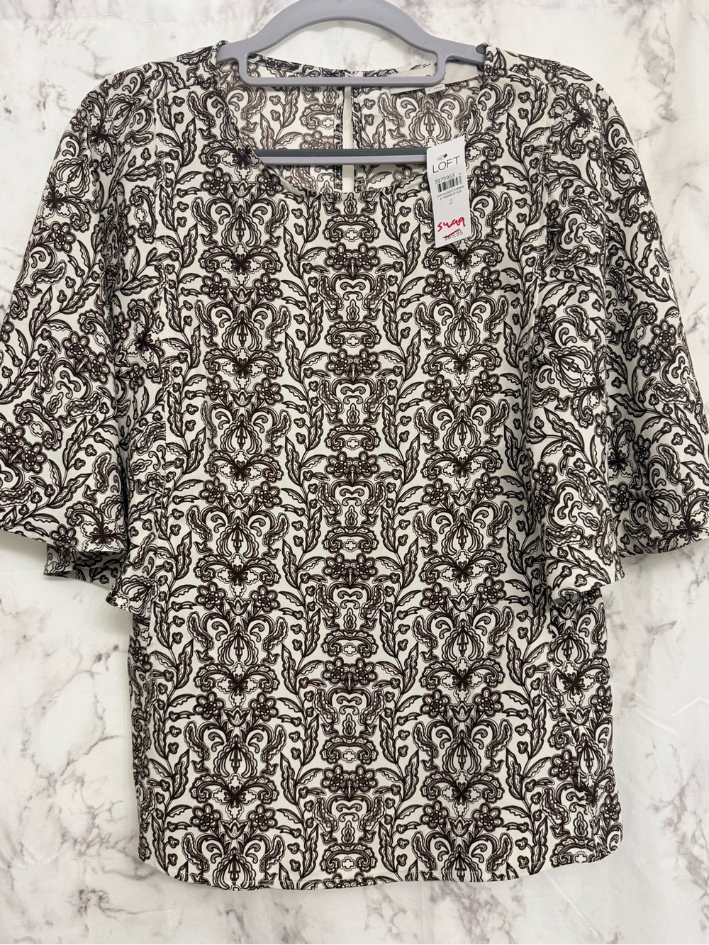 LOFT Cream and Brown Short-Sleeve Printed Shirt
